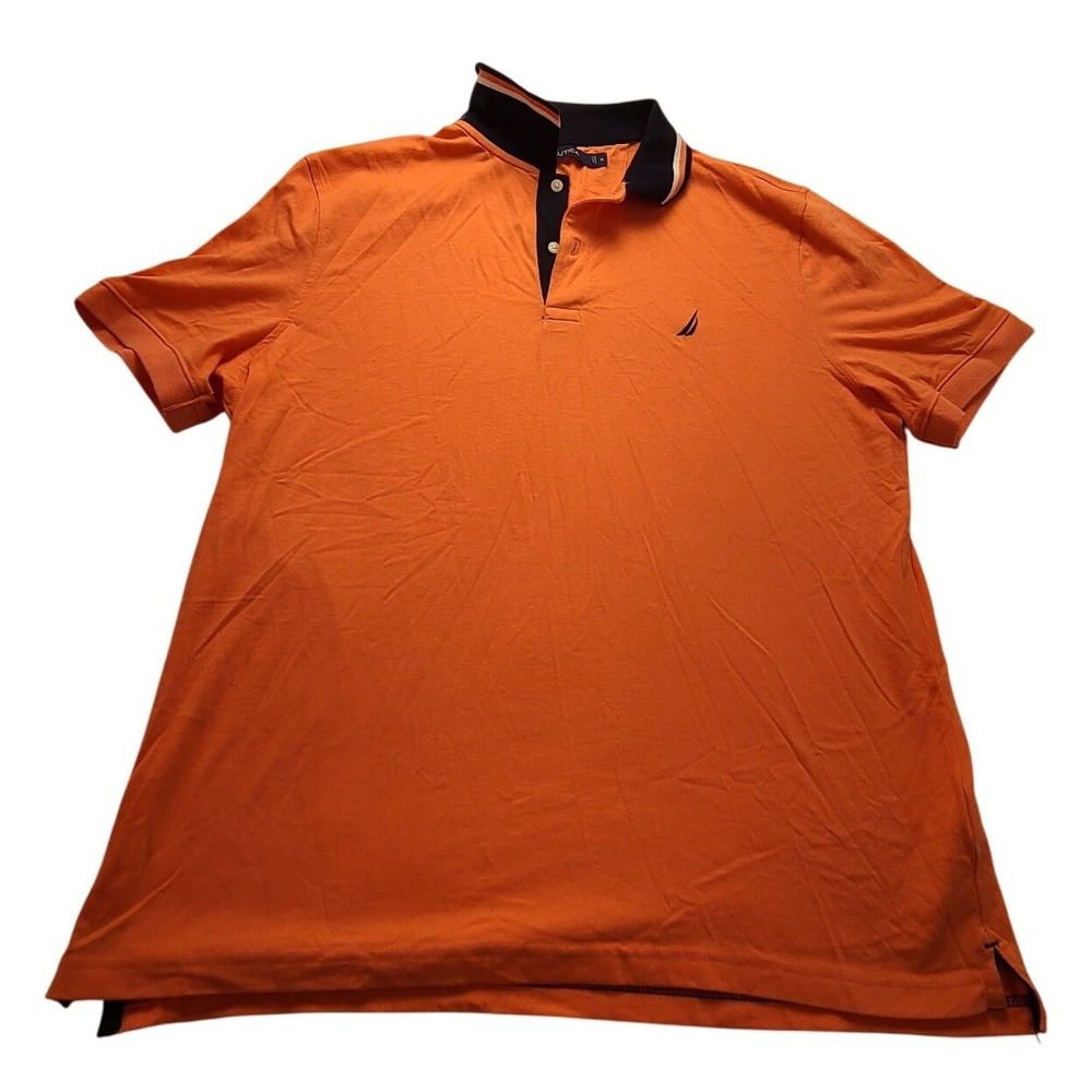 Nautica Men's XL Orange Polo Shirt Short Sleeve‎ Navy Blue Tipped Collar Logo